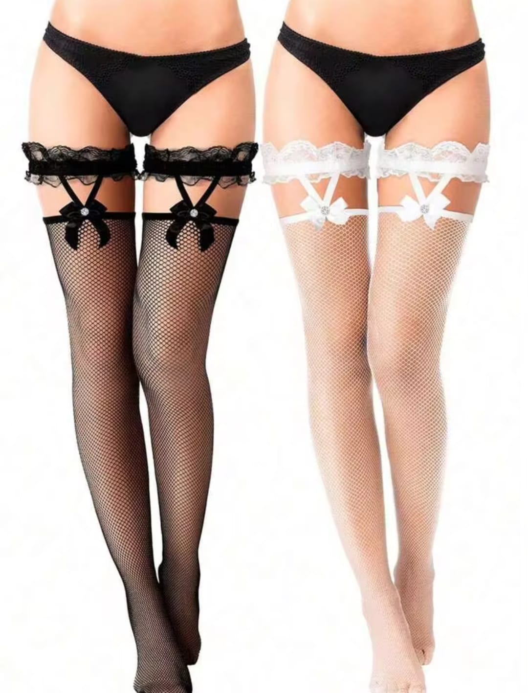 Women’s Lace Top Fishnet Thigh High Stockings with Bow & Decorative Straps – Black & White